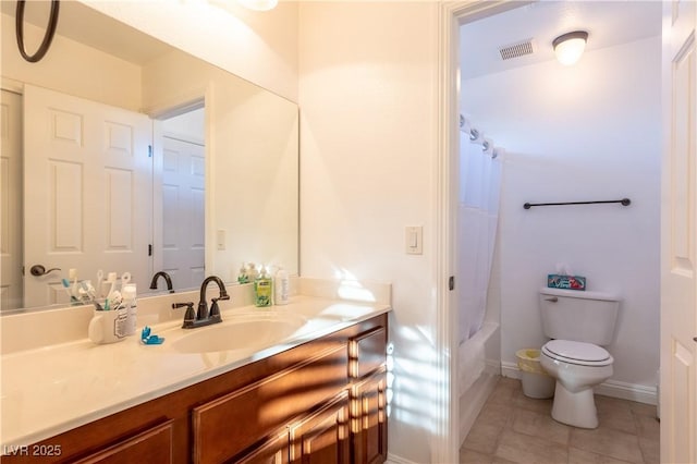 full bathroom with visible vents, toilet, shower / tub combo, vanity, and tile patterned flooring