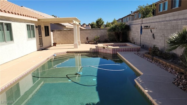 view of sport court featuring a fenced backyard and a pool with connected hot tub