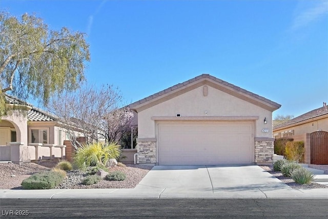 single story home with stone siding, an attached garage, driveway, and stucco siding