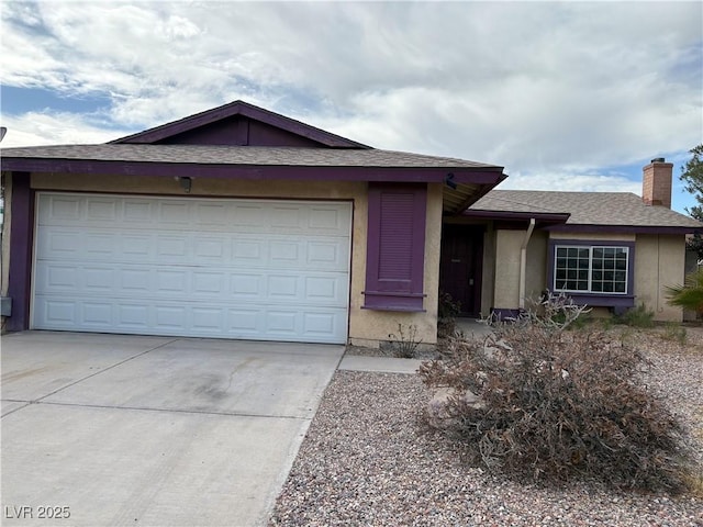 ranch-style home with stucco siding, driveway, and a chimney