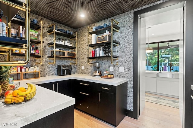 kitchen with light wood finished floors, light countertops, and dark cabinetry