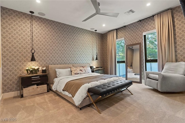 bedroom featuring light carpet, access to outside, visible vents, and wallpapered walls