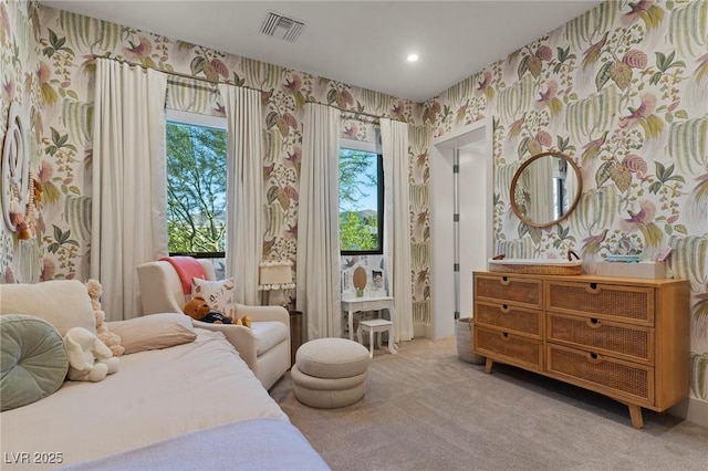 carpeted bedroom featuring recessed lighting, visible vents, and wallpapered walls