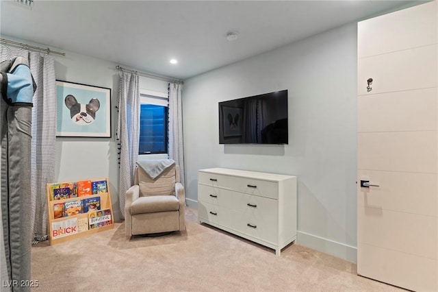 game room with recessed lighting, baseboards, and light colored carpet