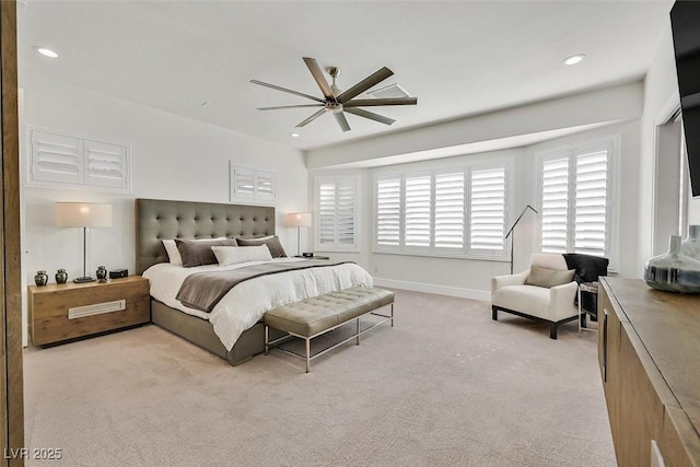 bedroom featuring light carpet, ceiling fan, baseboards, and recessed lighting