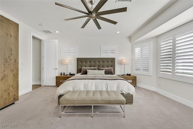 carpeted bedroom featuring baseboards, visible vents, and recessed lighting