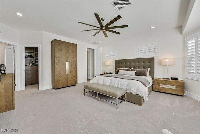 bedroom featuring carpet floors, recessed lighting, visible vents, a ceiling fan, and baseboards