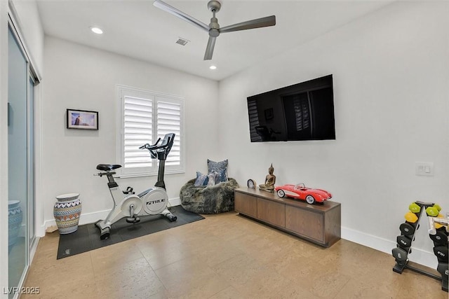 workout area with baseboards, visible vents, and recessed lighting