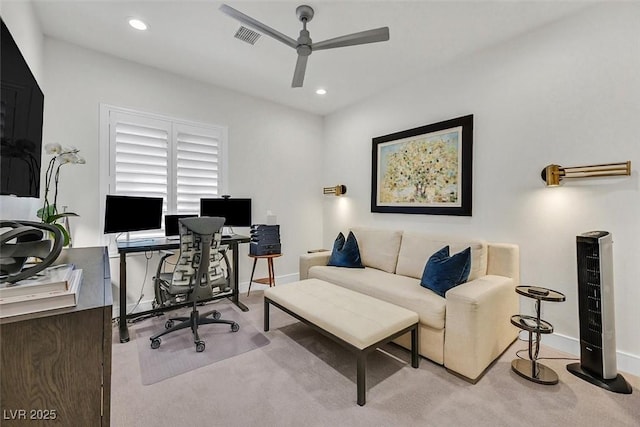 carpeted home office with a ceiling fan, recessed lighting, visible vents, and baseboards