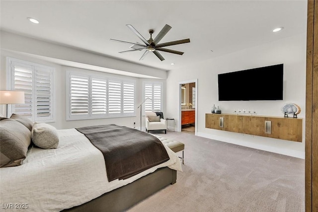 bedroom with recessed lighting, a ceiling fan, carpet flooring, connected bathroom, and baseboards