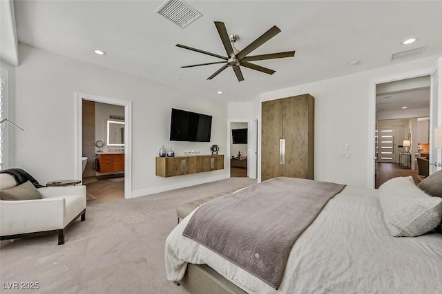 bedroom with ceiling fan, recessed lighting, light carpet, visible vents, and baseboards