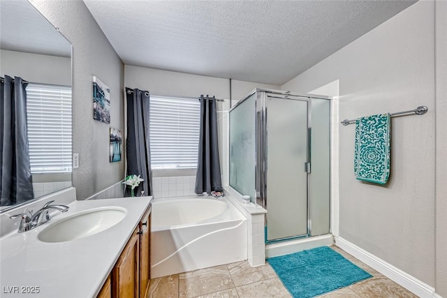 10332 George Hart Ct, Las Vegas, NV 89129 - bathroom with a stall shower, a bath, vanity, and a textured ceiling