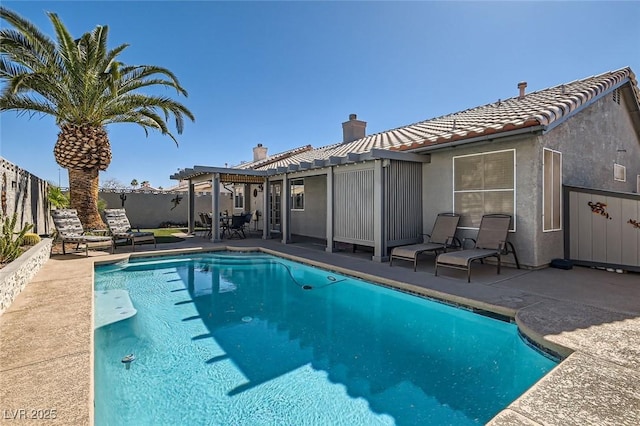 view of pool featuring a fenced in pool, a pergola, a patio, and fence