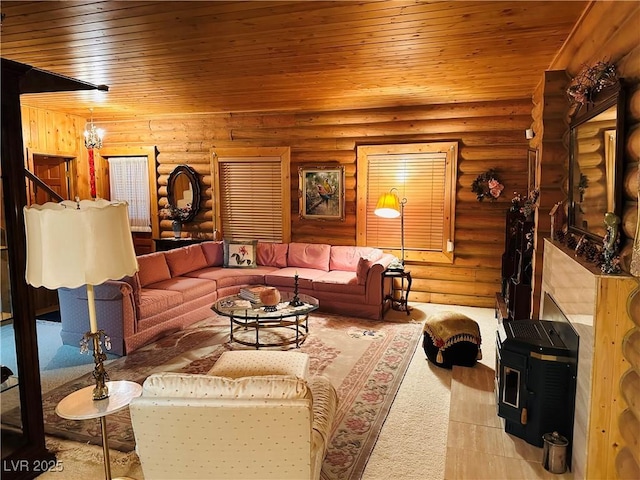 living area with wood ceiling and log walls