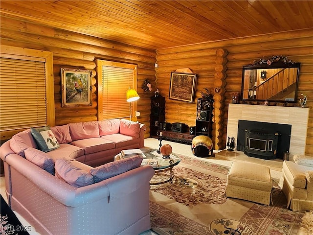 living area with wood ceiling and log walls