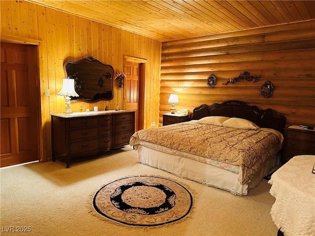 bedroom featuring wooden ceiling, carpet, and log walls