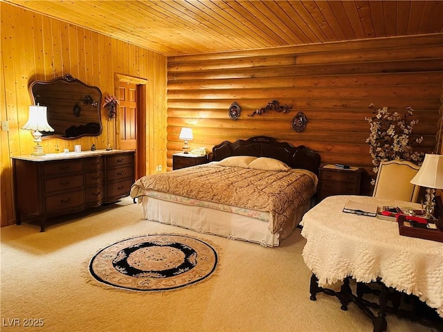 carpeted bedroom featuring wooden ceiling and log walls