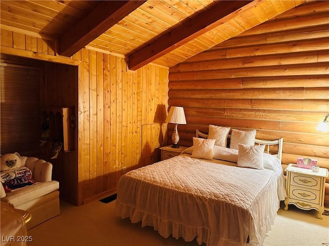 carpeted bedroom with lofted ceiling with beams, wooden ceiling, and log walls