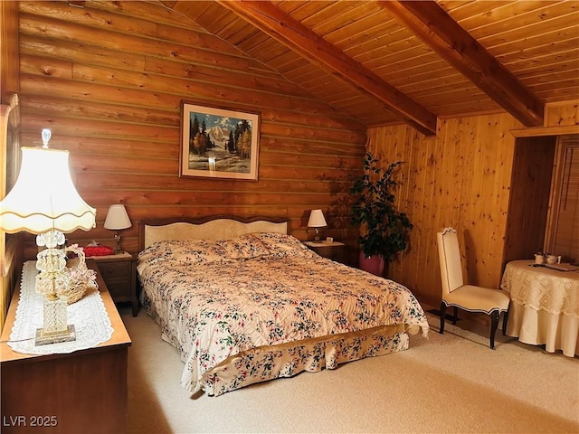 unfurnished bedroom with lofted ceiling with beams, rustic walls, carpet, and wood ceiling