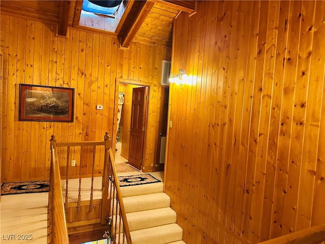 stairs featuring a skylight, beam ceiling, and wood walls