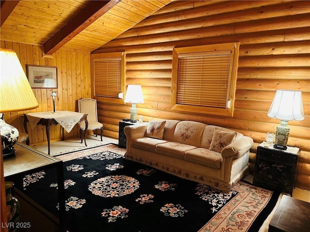 living room featuring lofted ceiling with beams, rustic walls, and wood ceiling