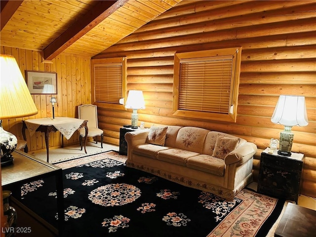 living room with vaulted ceiling with beams, log walls, and wood ceiling