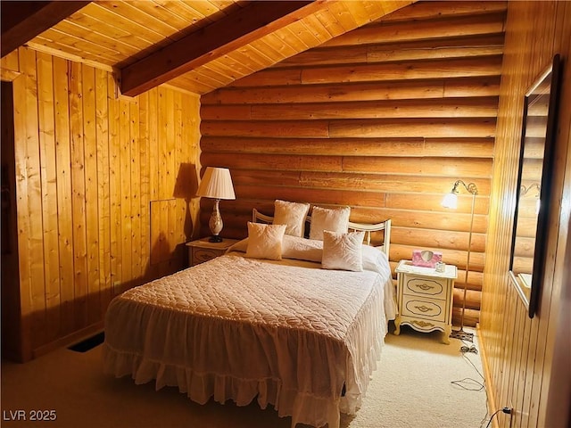carpeted bedroom with vaulted ceiling with beams, wood ceiling, and log walls