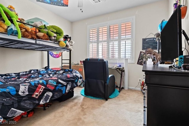 bedroom featuring carpet flooring, visible vents, and baseboards