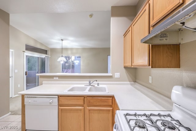 kitchen featuring under cabinet range hood, a peninsula, white appliances, a sink, and light countertops