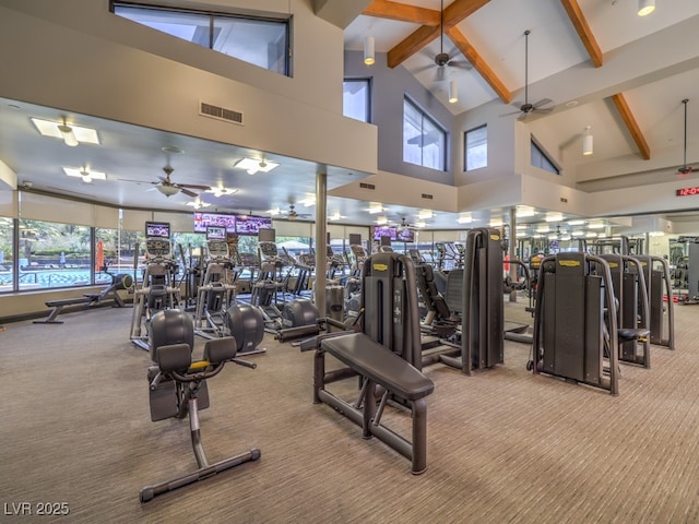 exercise room featuring visible vents, ceiling fan, high vaulted ceiling, and carpet flooring