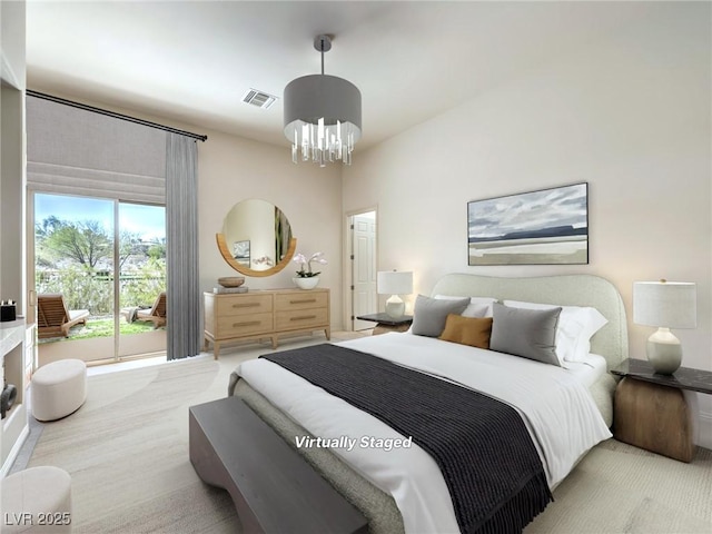 bedroom featuring carpet, a notable chandelier, and visible vents
