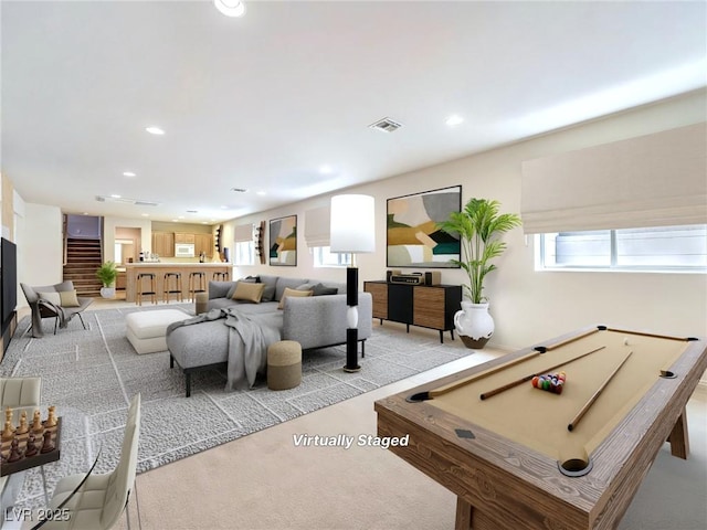 game room with a wealth of natural light, recessed lighting, and pool table