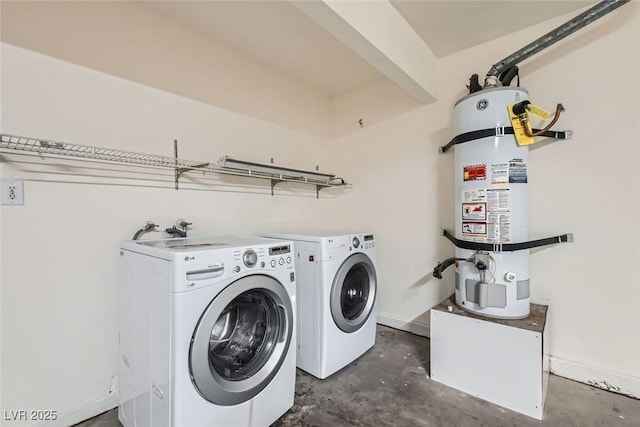 laundry area with laundry area, secured water heater, and separate washer and dryer