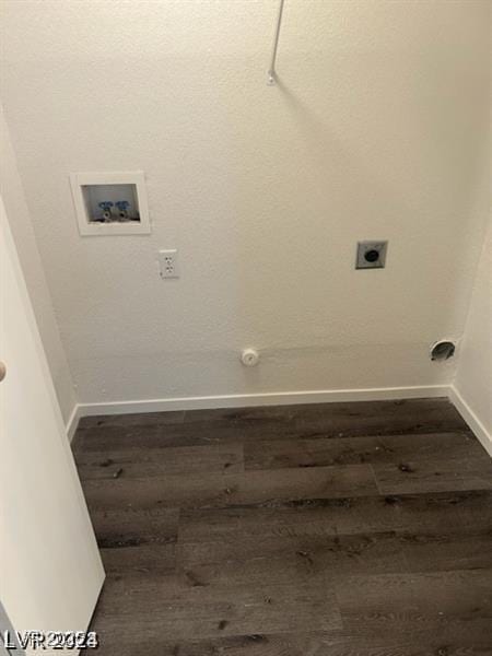 laundry room with laundry area, washer hookup, baseboards, dark wood-style floors, and electric dryer hookup