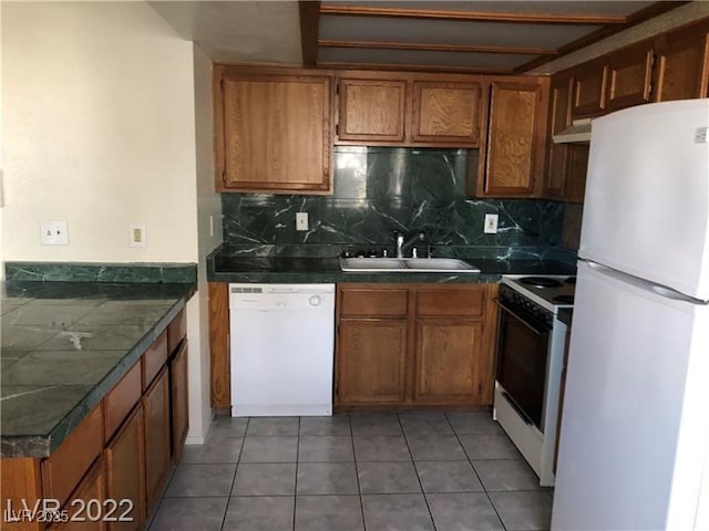 kitchen with brown cabinets, backsplash, a sink, white appliances, and under cabinet range hood