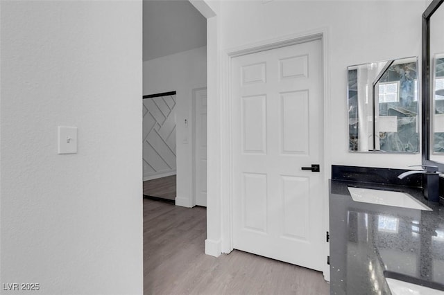 bathroom with a sink and wood finished floors