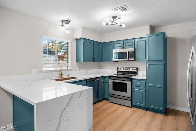 kitchen featuring visible vents, a peninsula, blue cabinets, stainless steel appliances, and a sink