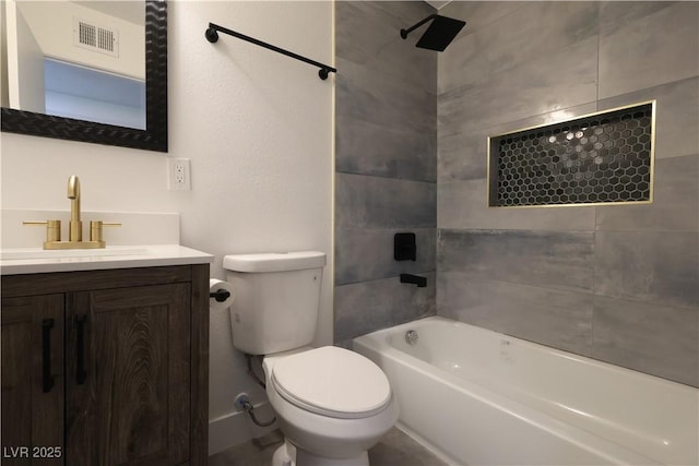 bathroom with toilet, shower / tub combination, visible vents, and vanity