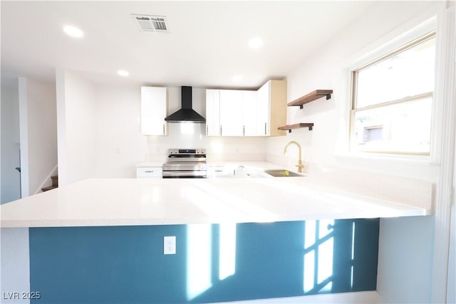 kitchen with a peninsula, a sink, visible vents, stainless steel electric stove, and wall chimney exhaust hood