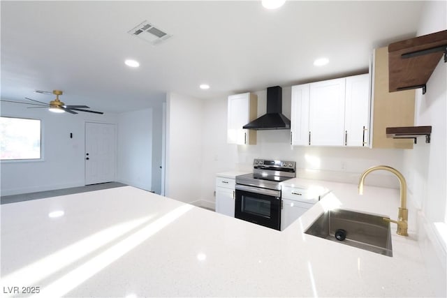 kitchen featuring a sink, visible vents, white cabinets, wall chimney range hood, and stainless steel electric stove