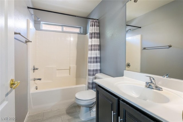 full bath with shower / tub combo with curtain, toilet, and vanity