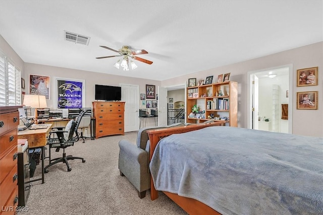 bedroom featuring visible vents, carpet, and ceiling fan