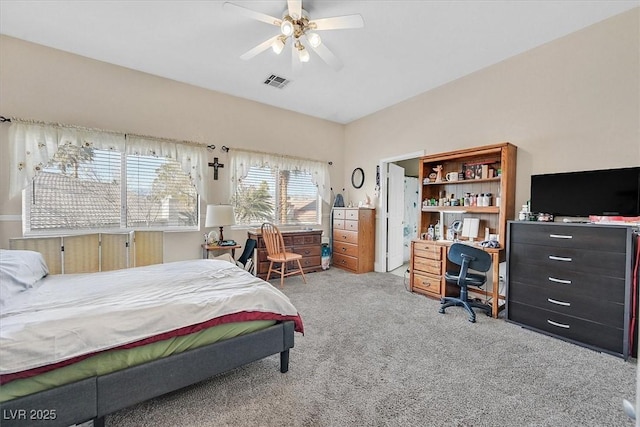 bedroom featuring carpet, visible vents, and ceiling fan