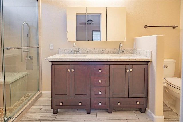 full bathroom featuring a sink, a shower stall, toilet, and double vanity