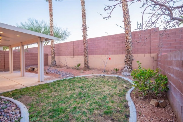 view of yard featuring a fenced backyard and a patio