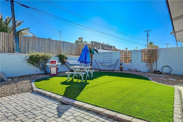 view of yard with a patio and a fenced backyard