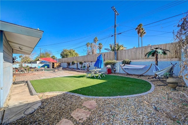 view of yard with a patio and a fenced backyard