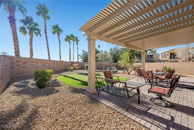 view of patio / terrace featuring a fenced backyard and a pergola