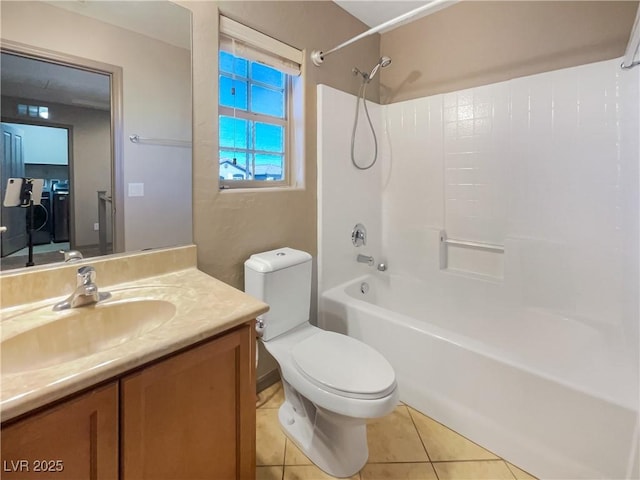 full bathroom with toilet, bathing tub / shower combination, vanity, and tile patterned floors