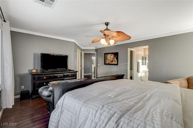 bedroom featuring crown molding, dark wood finished floors, visible vents, ceiling fan, and baseboards